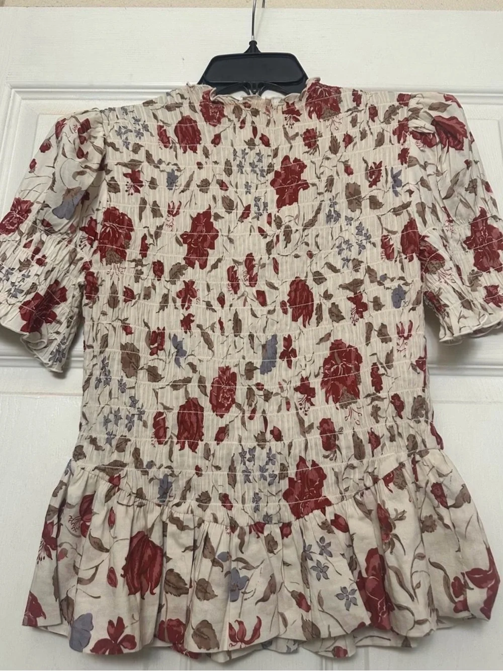 Reformation Cream Smocked Floral Peplum Top with Red Blooms